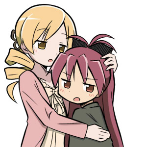 :o alternate_costume beige_bow beige_neckwear blonde_hair bow bowtie drill_hair expressionless hair_bow hair_ornament height_difference hug jitome long_hair looking_back lowres mahou_shoujo_madoka_magica mahou_shoujo_madoka_magica_movie multiple_girls parted_lips red_eyes red_hair rikugou_(rikugou-dou) sakura_kyouko short_hair simple_background tomoe_mami very_long_hair white_background yellow_eyes