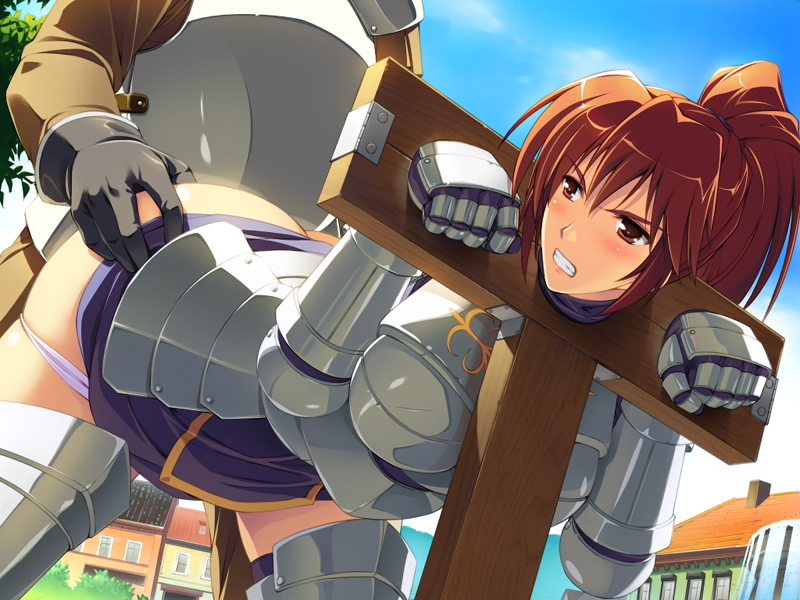 1girl angry armor ass ass_grab bent_over blush breasts brown_eyes brown_hair clenched_teeth clothed_sex cloud clouds game_cg gloves highres himekishi_angelica ishigaki_takashi knight long_hair looking_back medium_breasts panties panty_pull pillory ponytail public rape sex sky stocks teeth underwear vaginal