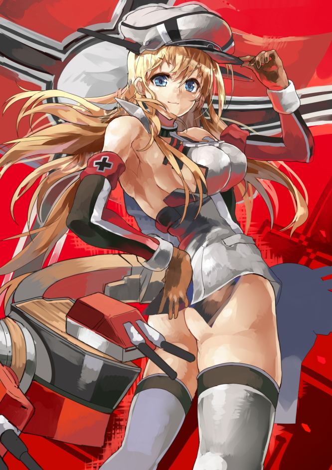 ass bad_anatomy bare_shoulders bismarck_(kantai_collection) blonde_hair blue_eyes breasts cross detached_sleeves flag gloves grey_legwear hand_on_ass hat hat_tip himuro_(dobu_no_hotori) kantai_collection large_breasts long_hair looking_at_viewer military military_hat military_uniform peaked_cap solo thighhighs uniform
