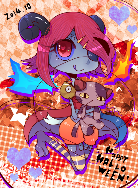 2014 claws dated eyepatch female hair_ornament hairclip halloween happy_halloween heart heart-shaped_pupils horns licking_lips monster_girl original red_eyes red_hair short_hair solo star stars stitches stuffed_animal stuffed_toy symbol-shaped_pupils tail tongue tongue_out