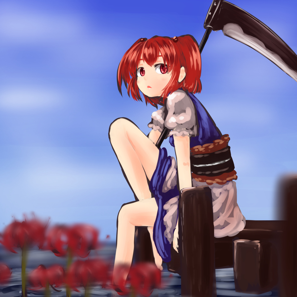 bare_legs belt carrying carrying_over_shoulder dress flower hair_bobbles hair_ornament kys_(k-k2) layered_dress looking_at_viewer onozuka_komachi open_mouth puffy_short_sleeves puffy_sleeves red_eyes red_hair scythe short_hair short_sleeves sitting soaking_feet solo spider_lily touhou two_side_up water