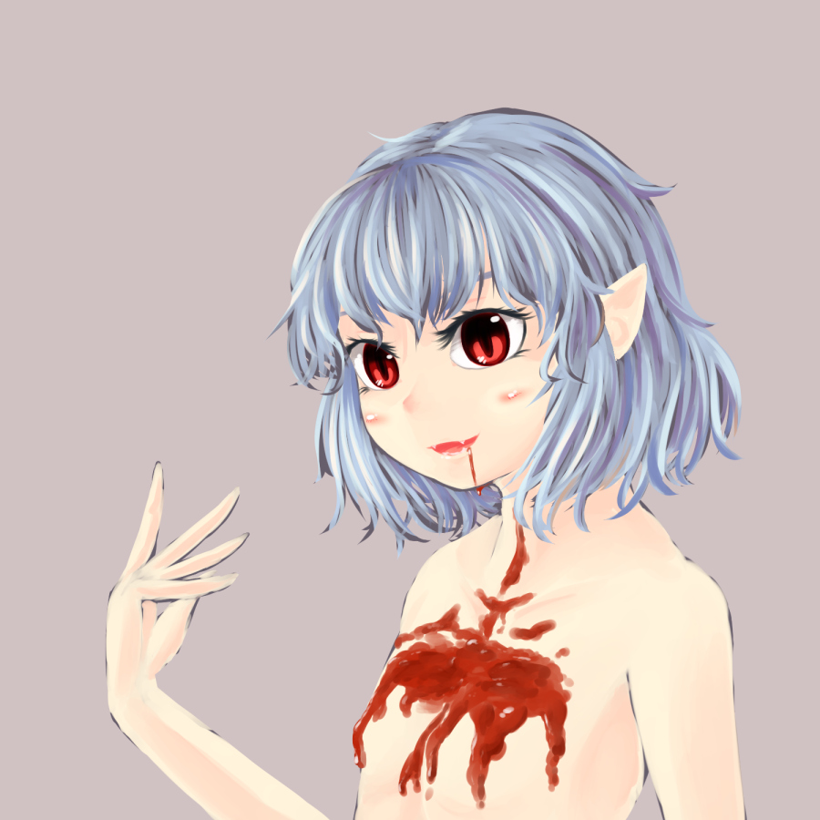 blood blue_hair blush_stickers dripping fangs hand_up kys_(k-k2) looking_at_viewer no_hat no_headwear nude pointy_ears red_eyes remilia_scarlet short_hair solo touhou upper_body