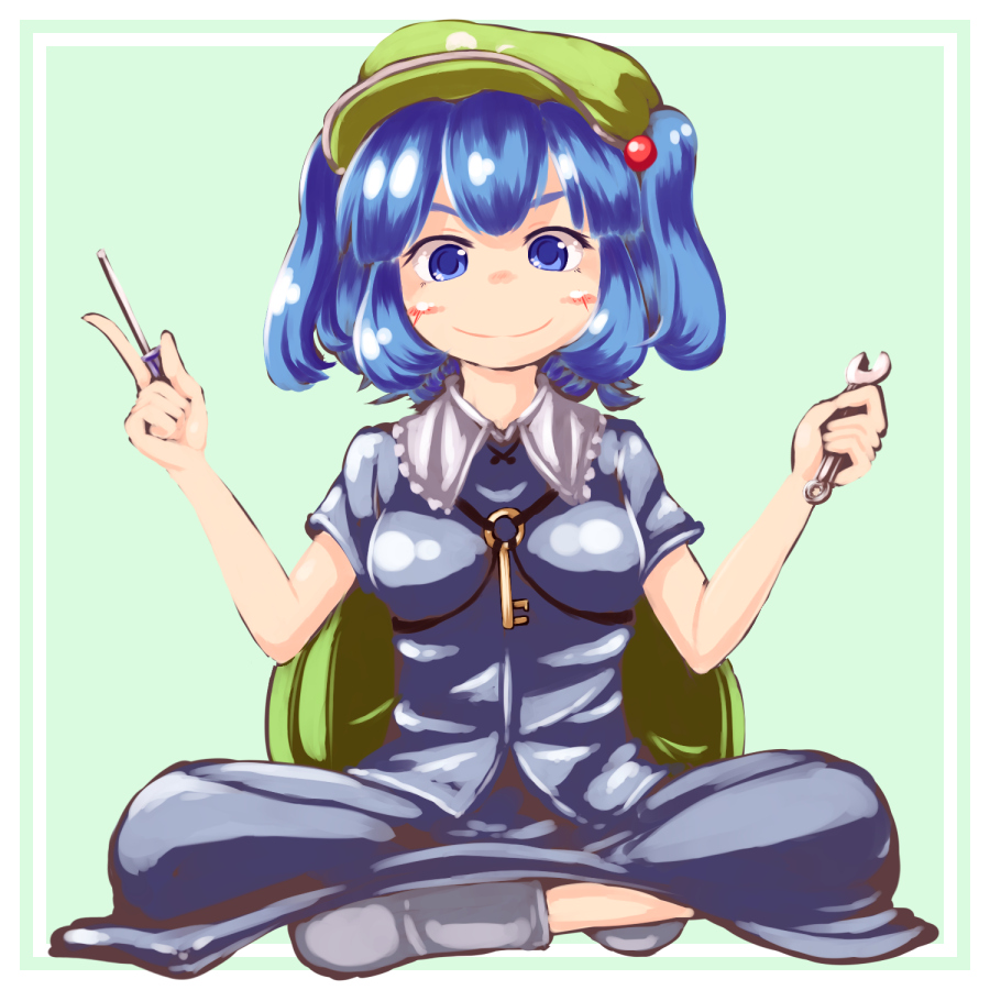 backpack bag blue_eyes blue_hair blush blush_stickers boots dress hair_bobbles hair_ornament hat indian_style kawashiro_nitori key kys_(k-k2) rubber_boots screwdriver short_hair short_sleeves short_twintails sitting skirt skirt_set solo touhou twintails two_side_up wrench