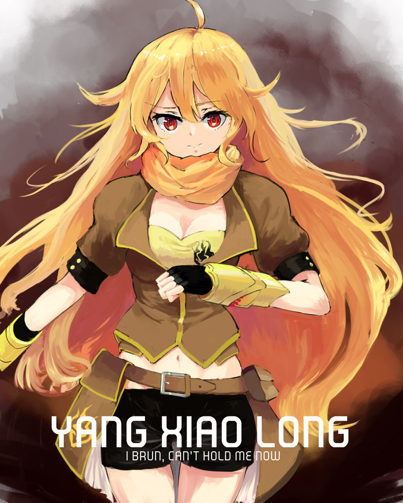 ahoge black_gloves blonde_hair breasts character_name cleavage fingerless_gloves gauntlets gloves long_hair medium_breasts red_eyes rwby scarf short_shorts shorts smile solo typo very_long_hair wanglee417 yang_xiao_long