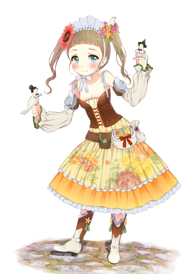 :3 bad_id bad_pixiv_id bare_shoulders bird blue_eyes blush boots brown_hair corset detached_sleeves dress floral_print flower hair_flower hair_ornament hairband lolita_hairband long_hair long_skirt looking_at_viewer mirei original pigeon skirt smile twintails