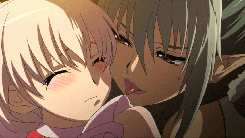 2girls aldra_(queen's_blade) aldra_(queen's_blade) animated animated_gif blush echidna elf green_hair licking long_hair multiple_girls pointy_ears queen's_blade queen's_blade queen's_blade_vanquished_queens red_eyes smile tongue yuri