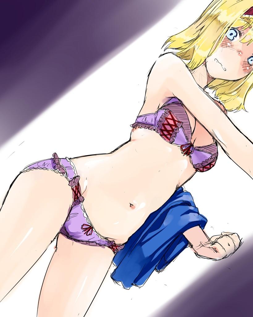 alice_margatroid blonde_hair blue_eyes blush bra breasts cleavage dutch_angle embarrassed hairband kurokuro medium_breasts navel panties peeping purple_bra purple_panties sketch solo touhou underwear underwear_only