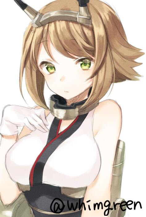 bare_shoulders breasts brown_hair gloves green_eyes headgear kantai_collection large_breasts midorikawa_you mutsu_(kantai_collection) short_hair sketch solo twitter_username upper_body white_background white_gloves