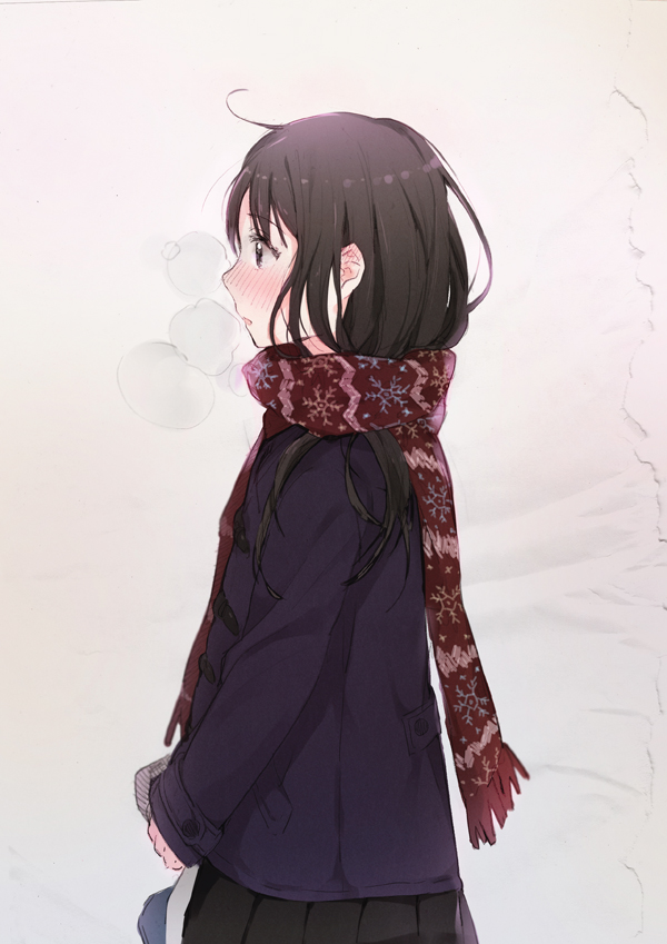 bad_id bad_pixiv_id black_eyes black_hair blush breath coat from_side long_hair mirei open_mouth original pleated_skirt scarf skirt solo