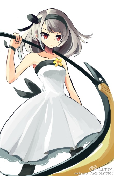 artist_name bare_shoulders character_request dress flower hairband over_shoulder pantyhose red_eyes scythe short_hair silver_hair simple_background solo wanglee417 weapon weapon_over_shoulder white_background