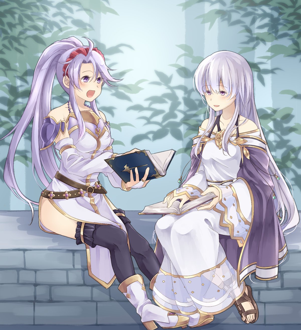 2girls belt black_legwear book bridal_gauntlets detached_sleeves dress fire_emblem fire_emblem:_seisen_no_keifu fire_emblem_heroes high_heels highres holding holding_book long_hair mememefe multiple_girls nintendo no_socks open_book open_mouth parted_lips ponytail purple_eyes purple_hair sandals side_slit sitting tiltyu_(fire_emblem) yuria_(fire_emblem)