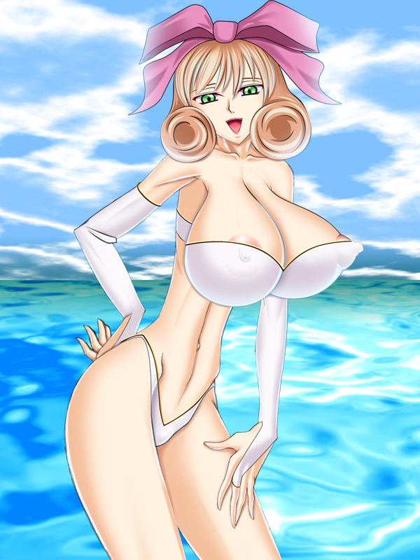 areolae armpits bad_anatomy blonde_hair breasts cleavage cloud erect_nipples green_eyes hair_ribbon haruka_(senran_kagura) huge_breasts navel nipples open_mouth puffy_nipples senran_kagura short_hair sky takashimashou water