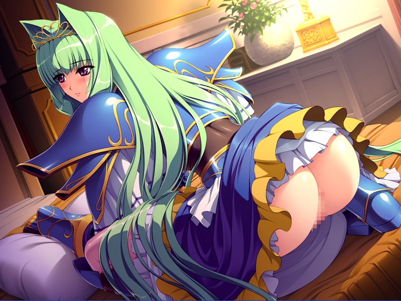 1girl andou_tomoya armor ass bed censored from_behind game_cg green_hair highres himekishi_olivia inoino legs long_hair looking_away nakano_sora no_panties olivia_lindegald pillow purple_eyes pussy solo squatting thighs vase