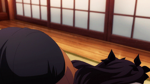 angry animated animated_gif ass bent_over brown_hair fate/stay_night fate_(series) from_behind green_eyes half_updo long_hair looking_at_viewer lowres non-web_source solo toosaka_rin