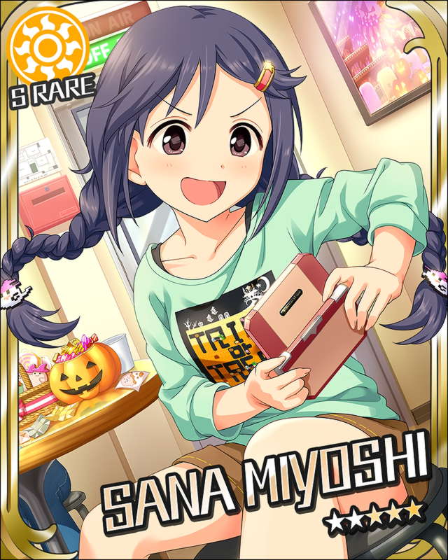 :d artist_request braid candy card_(medium) chair character_name food ghost grey_hair hair_ornament halloween handheld_game_console holding idolmaster idolmaster_cinderella_girls jack-o'-lantern long_hair miyoshi_sana official_art open_mouth out_of_frame playing_games pumpkin shorts sitting smile solo_focus sun_(symbol) table twin_braids video_game