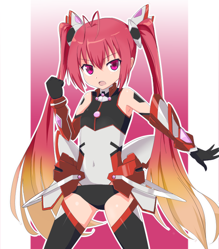 1girl black_legwear clenched_hand fist flat_chest genderswap gloves gradient_hair hifumiyo5678 leotard long_hair mitsuka_souji multicolored_hair open_mouth ore_twintail_ni_narimasu pink_eyes pink_hair solo tail_red tailred thighhighs twintails very_long_hair