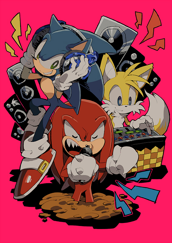dj furry gloves grin headphones knuckles_the_echidna microphone music pink_background sega shoes singing smile sneakers sonic sonic_the_hedgehog speaker tails_(sonic)