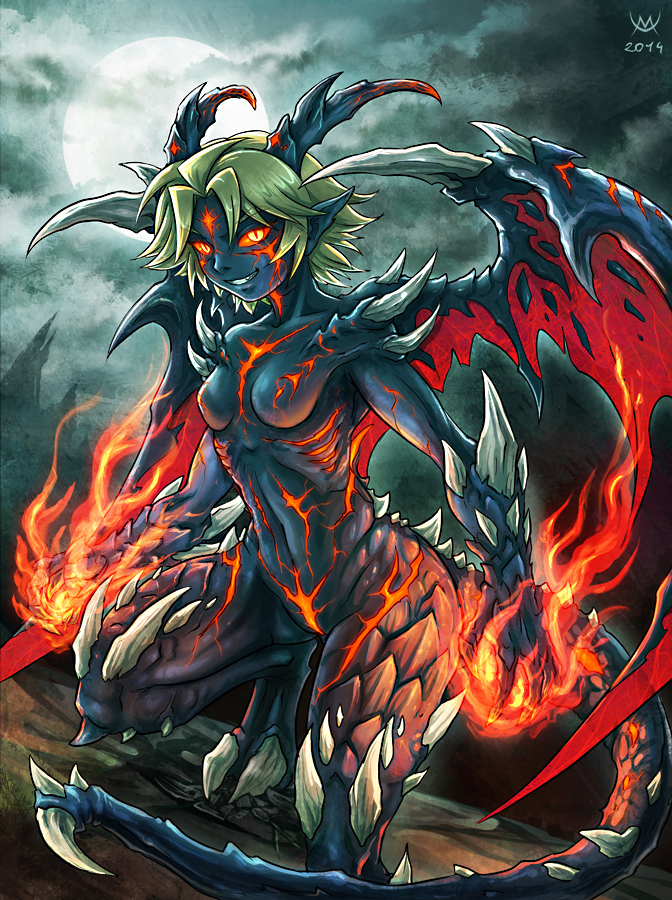 2014 blue_skin breasts claws cloud cloudy_sky cracked_skin dark_persona dragon_girl dragon_tail dragon_wings dutch_angle evil_grin evil_smile fire full_moon green_hair grin groin horns looking_at_viewer maxa' molten_rock monster_girl moon mountain no_nipples nude one_knee orange_sclera pointy_ears scales sky slit_pupils small_breasts smile solo spikes tail tild_-_mage_a_louer tild_framith wings yellow_eyes