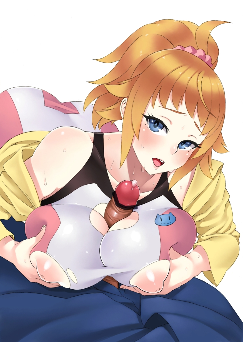 1girl bar_censor bike_shorts blonde_hair blue_eyes blush breast_squeeze breasts censored gundam gundam_build_fighters gundam_build_fighters_try hetero hoshino_fumina inverted_nipples jacket large_breasts looking_at_viewer nippleless_clothes nipples open_mouth paizuri penis ponytail puffy_nipples short_hair solo_focus sports_bra sweat torn_clothes zonda_(solid_air)