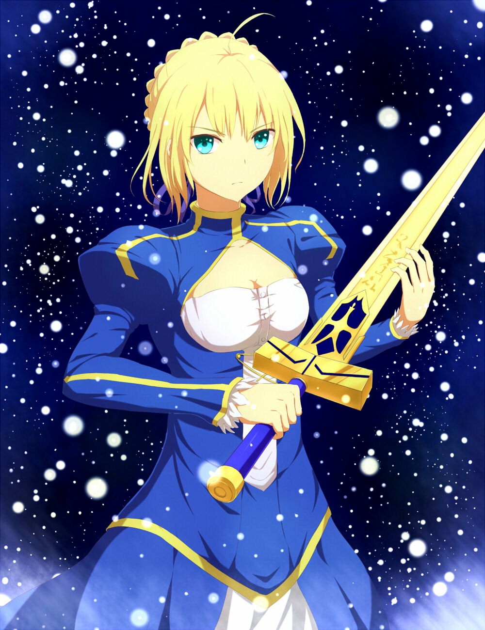 ahoge artoria_pendragon_(all) blonde_hair dress excalibur fate/stay_night fate_(series) green_eyes highres saber sakaokasan solo sword weapon