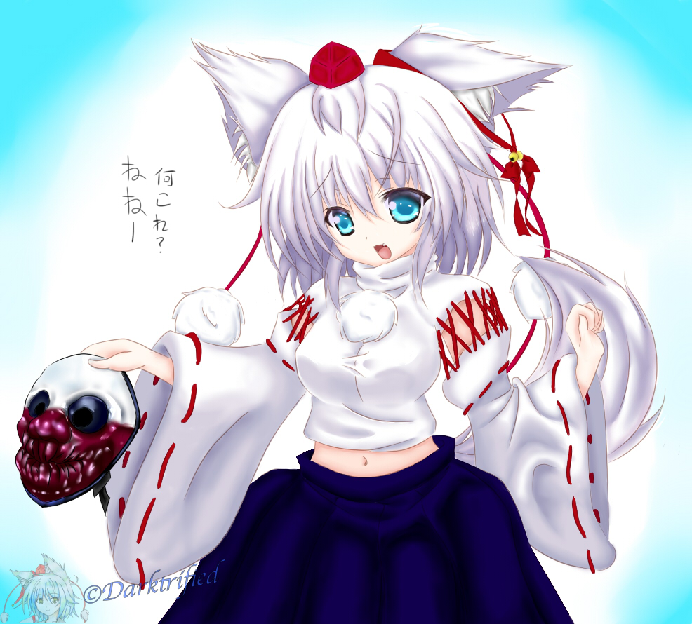 animal_ears artist_name bad_anatomy blue_eyes breasts darktrified detached_sleeves fang hair_ribbon hat inubashiri_momiji looking_at_viewer mask medium_breasts midriff navel open_mouth payday:_the_heist payday_(series) payday_2 pom_pom_(clothes) ribbon short_hair signature silver_hair solo tail tokin_hat touhou watermark wolf_(payday) wolf_ears wolf_tail