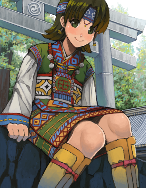 ainu ainu_clothes bangs boots brown_hair earrings face goe green_eyes headband jewelry knee_boots knees_together_feet_apart long_sleeves looking_at_viewer oekaki parted_bangs sitting smile solo torii tree valkyrie_profile yumei_(valkyrie_profile)