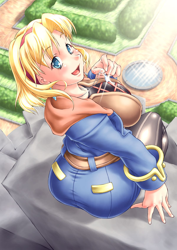 ass blonde_hair blue_eyes cecilia_lynne_adelhyde from_above hairband jewelry jon_shicchiou looking_back pantyhose pendant red_hairband sitting smile solo wild_arms wild_arms_1