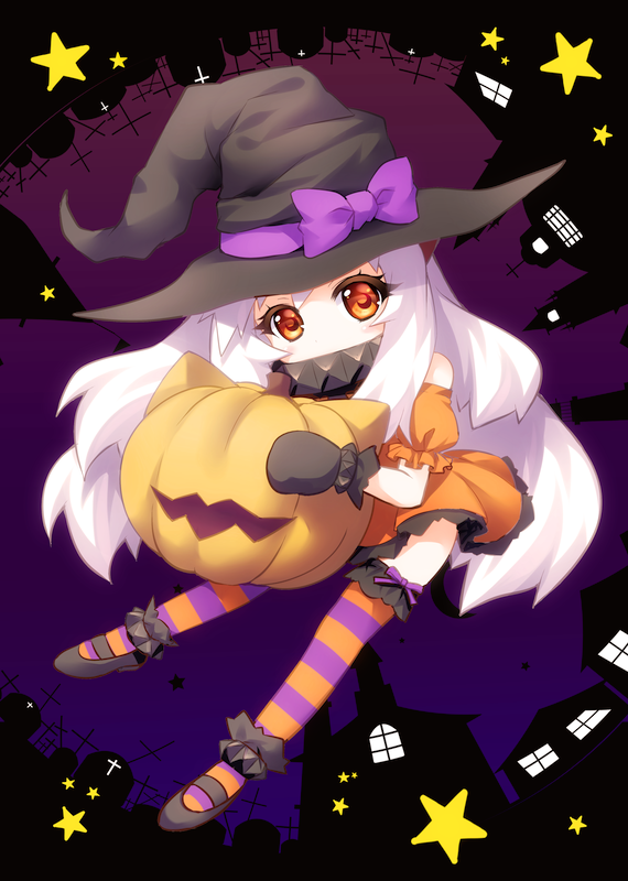 alternate_costume bad_id bad_pixiv_id bow colored_stripes detached_sleeves halloween hat hat_bow jack-o'-lantern kantai_collection kinosaki_yuki leaning_forward long_hair looking_at_viewer mary_janes mittens northern_ocean_hime object_hug orange_eyes pale_skin pumpkin shinkaisei-kan shoes solo star striped striped_legwear thighhighs white_hair witch_hat