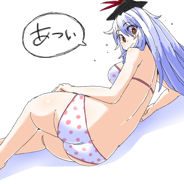 aono3 ass bra brown_eyes from_behind hat hot kamishirasawa_keine long_hair looking_at_viewer looking_back lying on_side panties polka_dot polka_dot_bra polka_dot_panties silver_hair simple_background solo speech_bubble touhou underwear underwear_only white_background