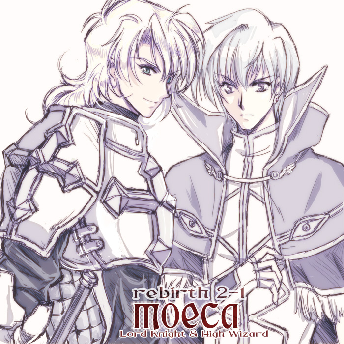 &gt;:( armor bangs blonde_hair breastplate capelet character_name closed_mouth eyebrows_visible_through_hair fingerless_gloves frown gloves green_eyes high_wizard long_hair looking_at_viewer lord_knight male_focus military military_uniform multiple_boys purple_eyes ragnarok_online shijou_satori shoulder_pads silver_hair sketch sword uniform upper_body v-shaped_eyebrows weapon