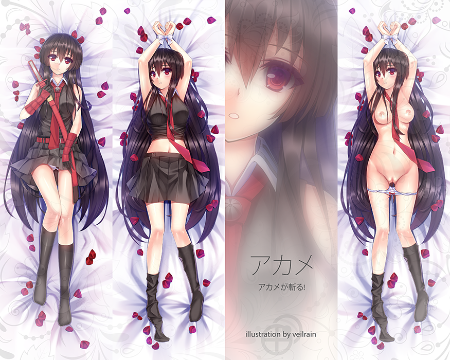 1girl akame akame_ga_kill! areolae arm_guards artist_request bare_shoulders bed belt black_gloves black_hair black_legwear black_skirt black_socks blush breasts dakimakura female gloves katana long_hair looking_at_viewer medium_breasts midriff multiple_views navel necktie nipples nude petals pussy red_eyes restrained skirt socks sword text tie tied tied_up uncensored veilrain very_long_hair weapon