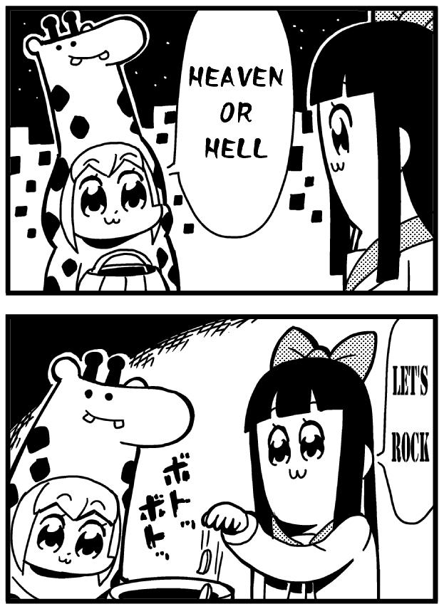 4koma :3 animal_costume bkub bow comic english giraffe_costume greyscale guilty_gear hair_bow long_hair monochrome multiple_girls pipimi poptepipic popuko school_uniform serafuku sidelocks two-tone_background two_side_up