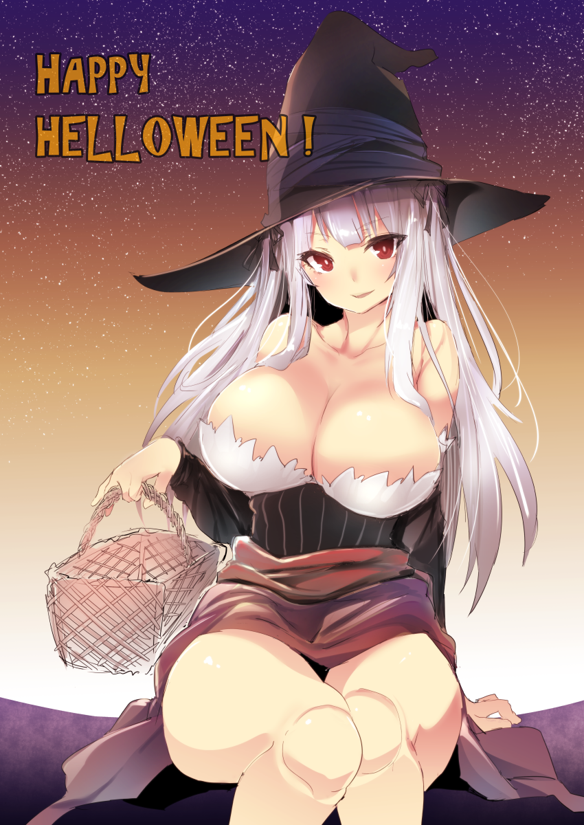 bare_shoulders basket breasts cleavage dragon's_crown halloween hat highres large_breasts long_hair looking_at_viewer md5_mismatch red_eyes rozen_maiden sash silver_hair sitting smile solo sorceress_(dragon's_crown) sorceress_(dragon's_crown)_(cosplay) suigintou thighs tousen typo witch_hat
