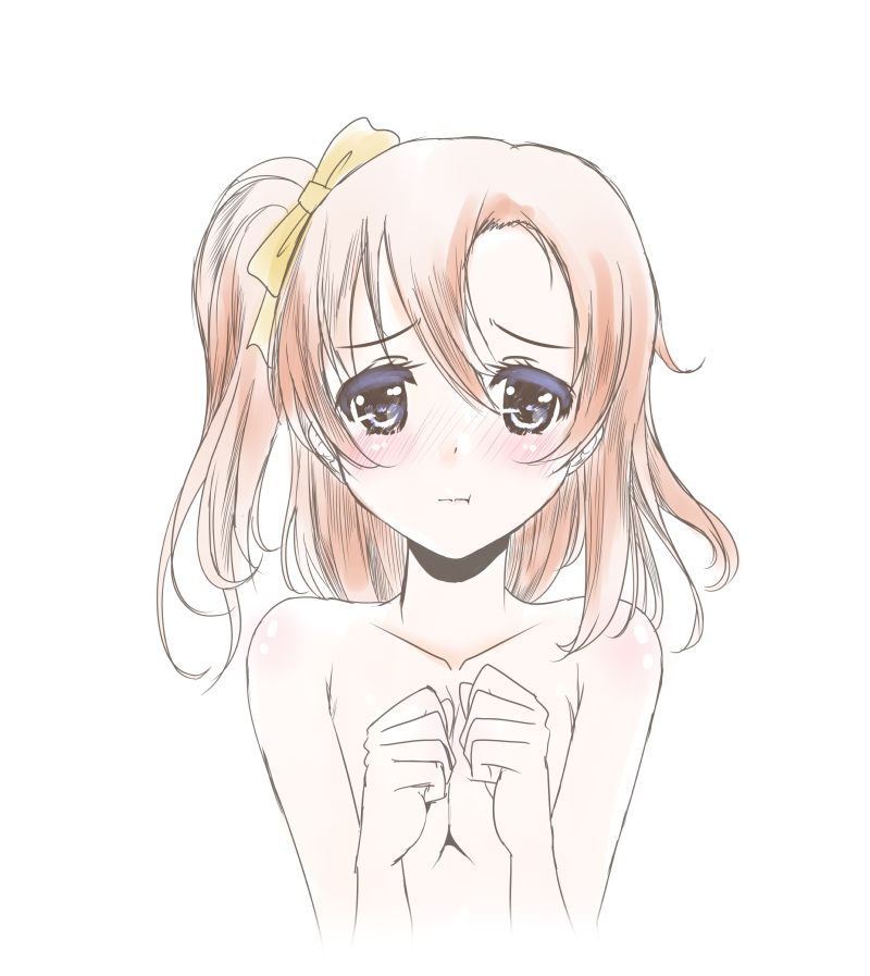 :t bangs blush bow brown_hair clenched_hands covering covering_breasts frapowa hair_between_eyes hair_bow kousaka_honoka looking_at_viewer love_live! love_live!_school_idol_project nude one_side_up short_hair simple_background solo upper_body white_background yellow_bow