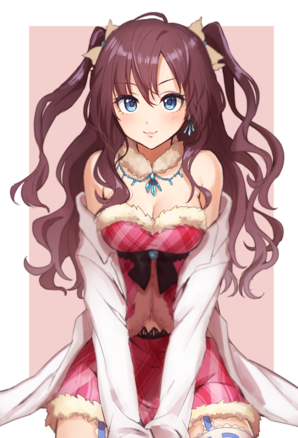 :3 bad_id bad_twitter_id blue_eyes blush breasts brown_hair checkered checkered_shirt checkered_skirt cleavage earrings garter_straps ichinose_shiki idolmaster idolmaster_cinderella_girls jewelry long_hair looking_at_viewer medium_breasts navel off_shoulder pink_skirt shirt skirt smile solo thighhighs twintails two_side_up veryberry00