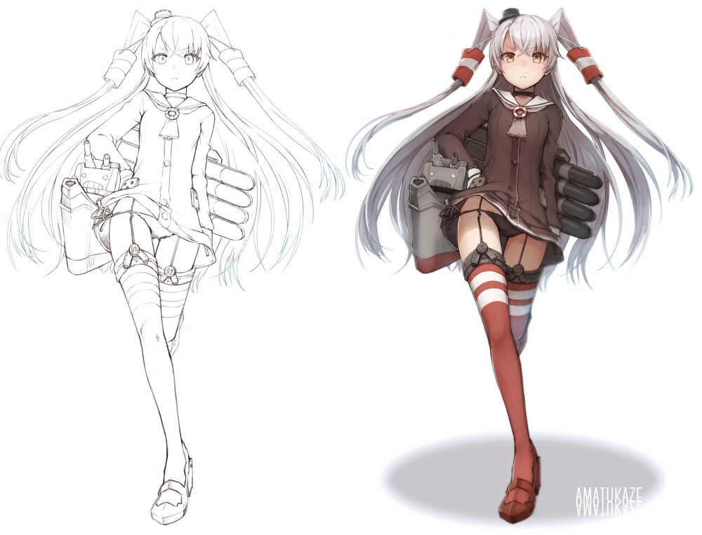 amatsukaze_(kantai_collection) bad_id bad_twitter_id black_panties brown_eyes character_name dress frown garter_straps hand_on_hip kantai_collection lineart long_hair panties sailor_dress short_dress side-tie_panties solo striped striped_legwear strut thigh_gap thighhighs two_side_up underwear very_long_hair veryberry00 walking white_hair wind wind_lift work_in_progress
