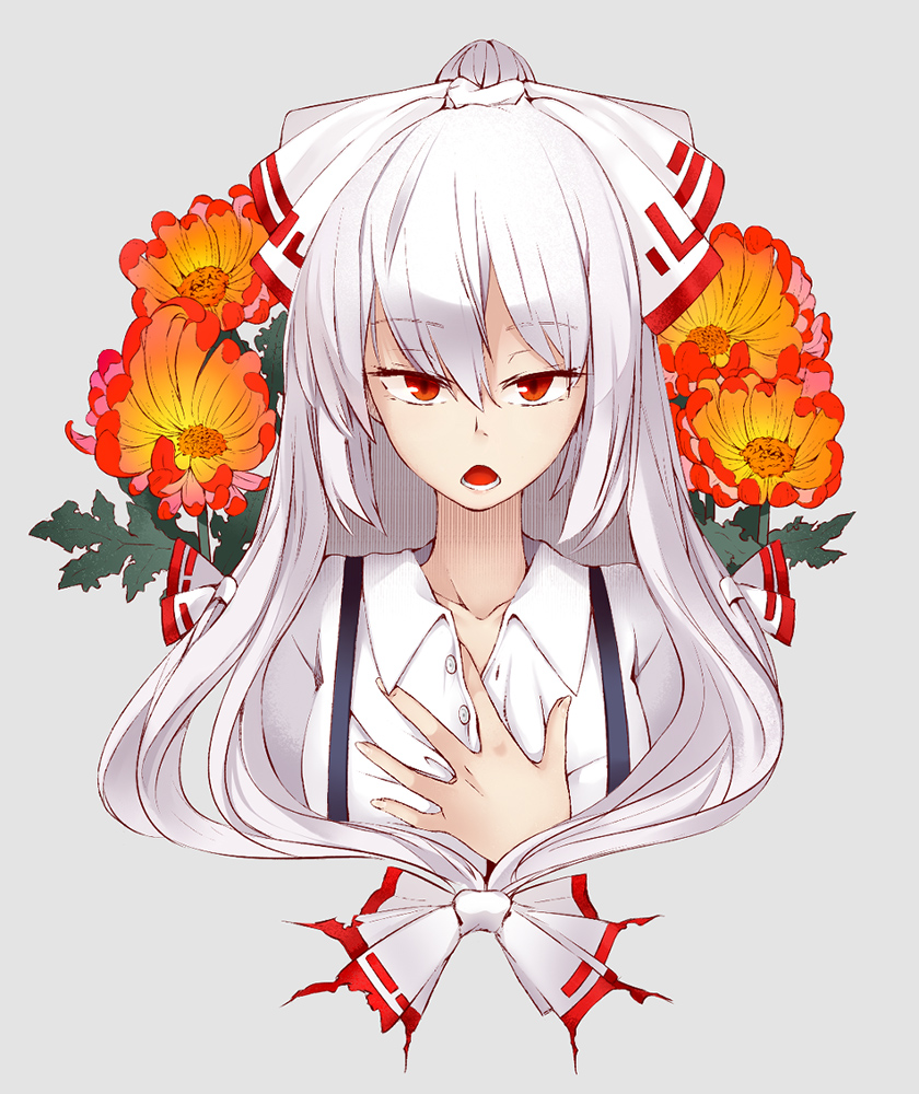bow flower fujiwara_no_mokou grey_background hair_bow hand_on_own_chest long_hair open_mouth red_eyes saryuu_(iriomote) simple_background solo suspenders touhou white_hair