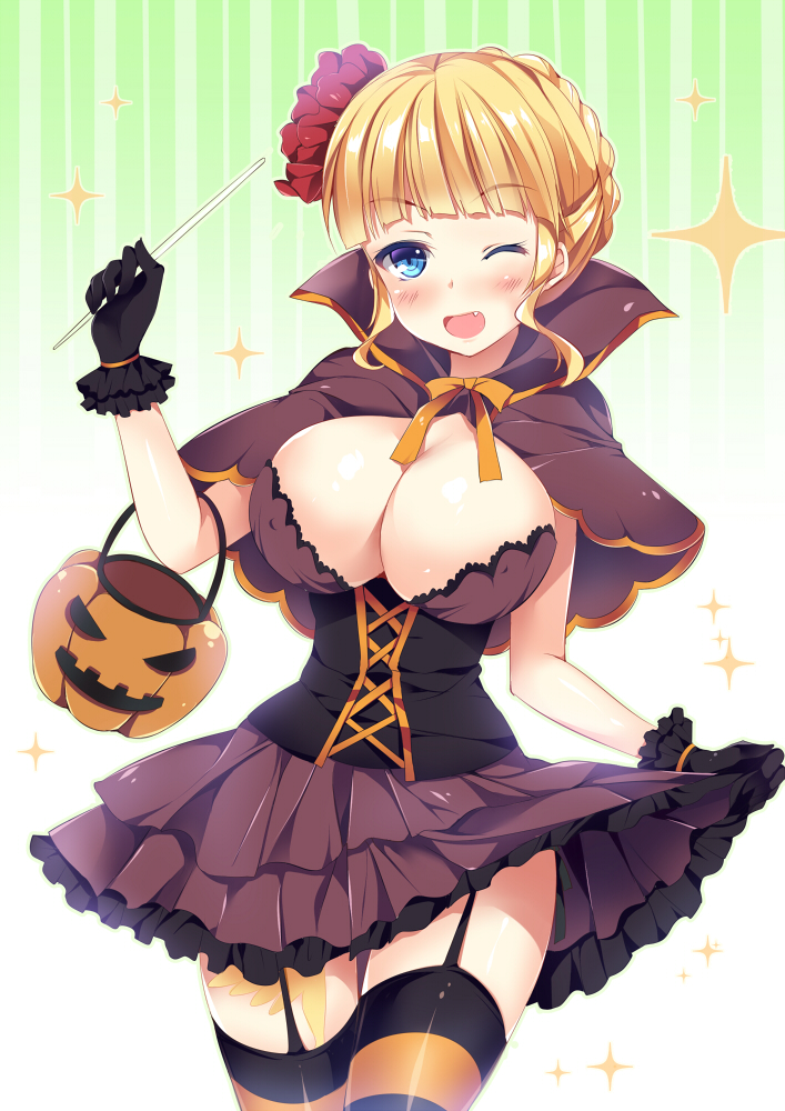 ;d beatrice black_gloves blonde_hair blue_eyes blush breasts cape cleavage covered_nipples fang garter_straps gloves halloween jack-o'-lantern large_breasts looking_at_viewer murasakigo one_eye_closed open_mouth simple_background smile solo striped striped_legwear thighhighs umineko_no_naku_koro_ni white_background zettai_ryouiki
