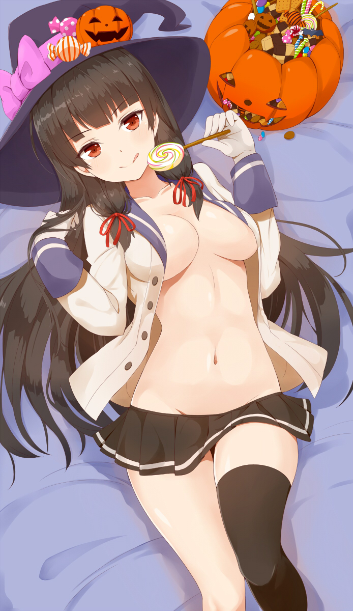 :q bad_id bad_pixiv_id bangs black_hair black_legwear blunt_bangs breasts candy cleavage collarbone food gloves groin halloween hat highres isokaze_(kantai_collection) jack-o'-lantern kantai_collection large_breasts lollipop long_hair looking_at_viewer lying navel no_bra no_panties on_back open_clothes open_shirt pleated_skirt red_eyes revision ribbon school_uniform serafuku shirt single_thighhigh skirt solo swirl_lollipop takehana_note thighhighs tongue tongue_out underwear white_gloves witch_hat