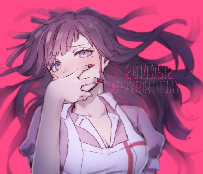 apron bad_id bad_twitter_id blush breasts cleavage covering_mouth danganronpa happy_birthday large_breasts long_hair mole mole_under_eye nail_polish nurse puffy_short_sleeves puffy_sleeves purple_eyes purple_hair short_sleeves solo super_danganronpa_2 tsumiki_mikan veryberry00