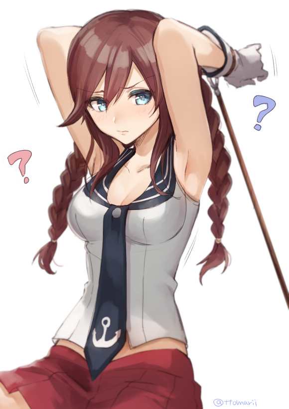 ? armpits bad_id bad_twitter_id blush braid breasts brown_hair cleavage gloves green_eyes kantai_collection long_hair medium_breasts necktie noshiro_(kantai_collection) pleated_skirt red_skirt sailor_collar skirt sleeveless solo twin_braids twitter_username veryberry00 white_gloves