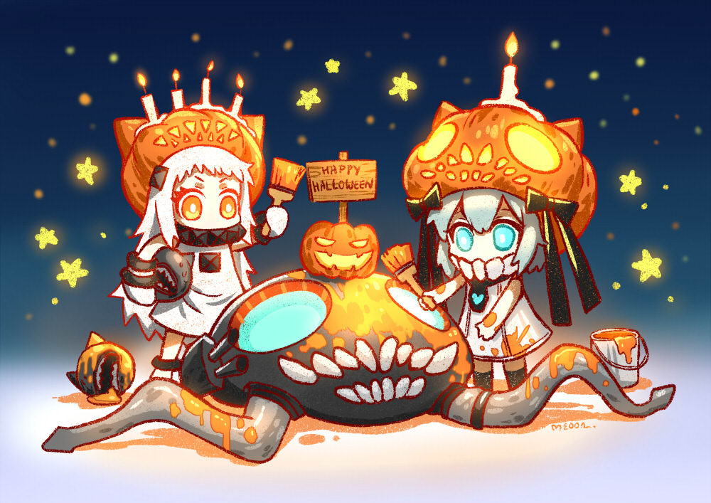 alternate_headwear blue_eyes chibi dress halloween happy_halloween hat holding horns jack-o'-lantern kantai_collection long_hair meoon mittens multiple_girls northern_ocean_hime orange_eyes paint_can paintbrush shinkaisei-kan short_hair silver_hair trim_brush white_dress white_hair white_skin wo-class_aircraft_carrier