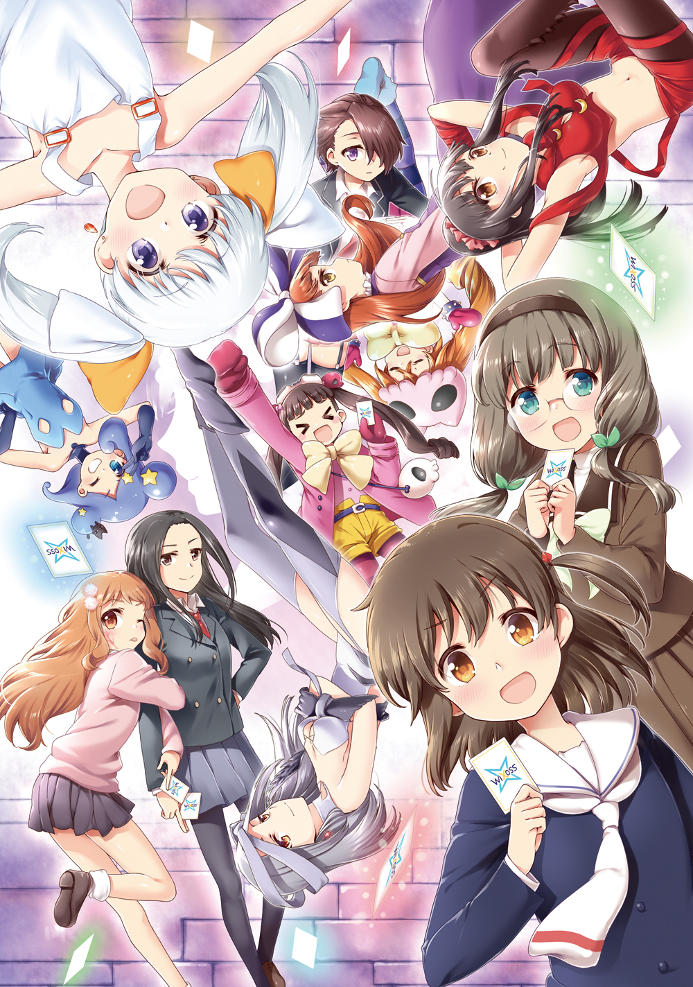 &gt;_&lt; :d ;p anne_(wixoss) aoi_akira arm_hug black_hair blush blush_stickers bracelet breasts brown_eyes brown_hair card character_request chiyori_(wixoss) cleavage closed_eyes colored_stripes crossed_arms earrings eldora_(wixoss) everyone facial_scar futase_fumio glasses gloves green_eyes grin hair_ornament hair_over_one_eye hairband highres iona_(wixoss) jewelry kominato_ruuko lavender_eyes leotard loafers low_twintails mayu_(wixoss) medium_breasts midriff milulun_(wixoss) mitsuki_meiya mittens multiple_girls navel one_eye_closed one_side_up open_mouth pantyhose pleated_skirt ponytail purple_eyes scar scar_on_cheek school_uniform scrunchie selector_wixoss serafuku shoes shorts silhouette skirt smile socks spiked_bracelet spikes star star_hair_ornament striped striped_legwear sweater tama_(wixoss) thighhighs tongue tongue_out twintails uemura_hitoe urazoe_iona v_over_eye white_hair wixoss yellow_eyes yuzuki_(wixoss)