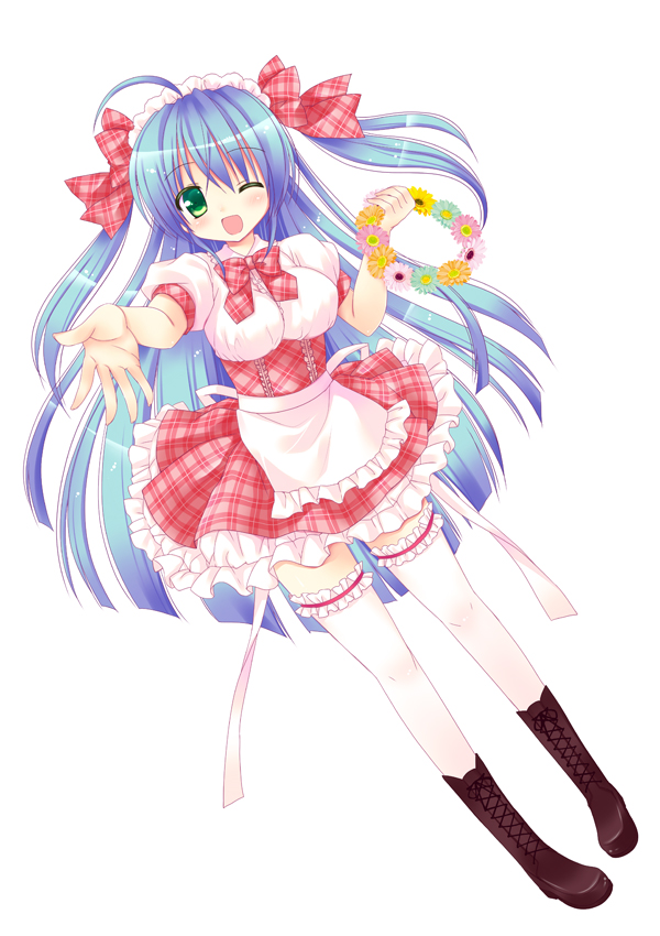 ;d ahoge blue_hair boots cross-laced_footwear dutch_angle flower frilled_legwear full_body garters green_eyes holding lace-up_boots long_hair looking_at_viewer maid maid_headdress one_eye_closed open_mouth original reaching rico_(pico-ba) smile solo thighhighs two_side_up white_background white_legwear wreath zettai_ryouiki