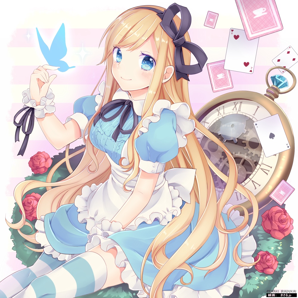 alice_(wonderland) alice_in_wonderland between_legs blonde_hair blue_eyes bow bug butterfly butterfly_on_hand card colorized derivative_work flower frilled_skirt frills gears hair_bow hair_ornament hair_ribbon hairband hand_between_legs insect light_smile long_hair looking_at_viewer masaru.jp momoirone original playing_card pocket_watch ribbon rose sitting skirt smile solo sparkle striped striped_legwear thighhighs very_long_hair watch wrist_cuffs zettai_ryouiki