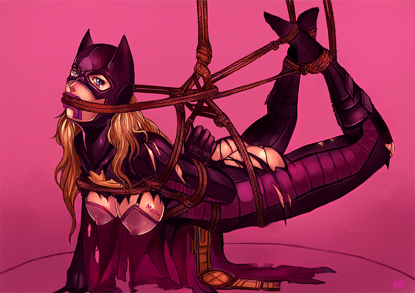 arms_behind_back ass batgirl batman_(series) bdsm body_writing bondage bound breasts breasts_outside dc_comics erect_nipples gag gagged gradient gradient_background hanging_breasts kachima medium_breasts shibari solo stephanie_brown suspension tears torn_clothes