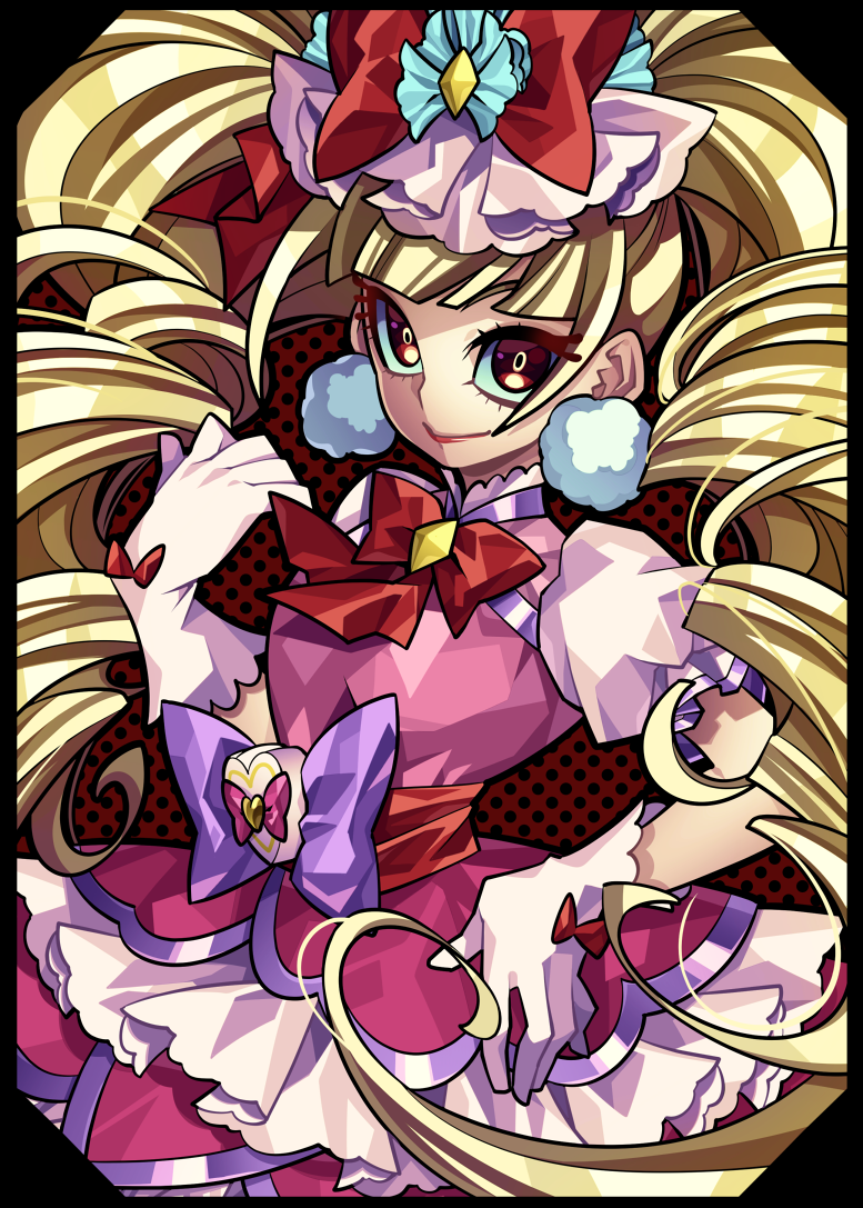 1girl aisaki_emiru blonde_hair bow bowtie closed_mouth cure_macherie dress drill_hair earrings glove_bow gloves hair_ornament hugtto!_precure jewelry long_hair looking_at_viewer magical_girl ninomae pink_dress polka_dot polka_dot_background pom_pom_earrings precure purple_bow red_background red_bow red_eyes smile solo twin_drills upper_body white_gloves