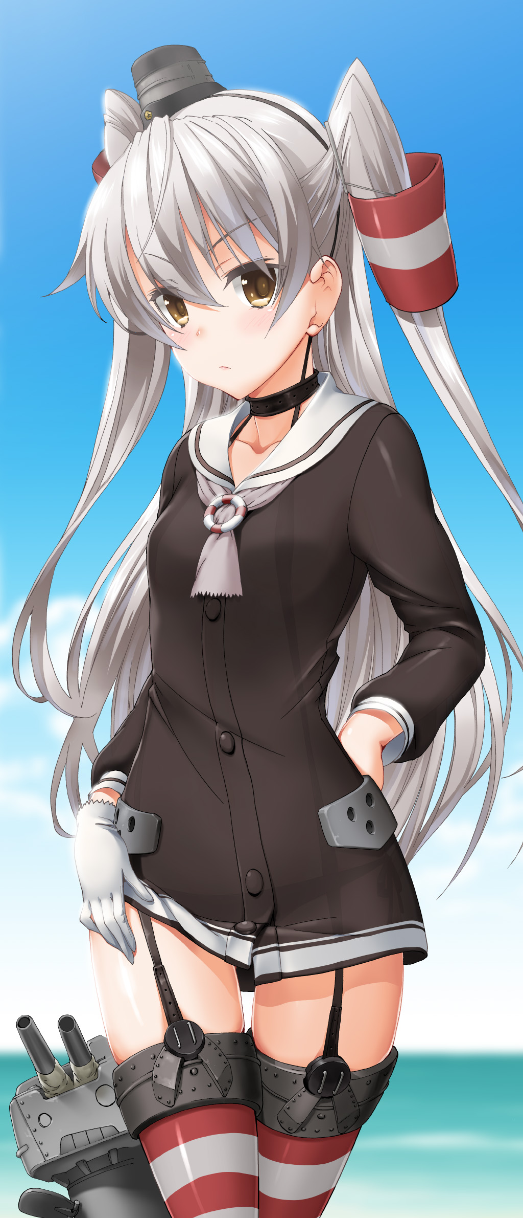 amatsukaze_(kantai_collection) byeontae_jagga choker dress garter_straps gloves hat highres kantai_collection long_hair rensouhou-kun sailor_dress see-through semi-transparent short_dress silver_hair solo striped striped_legwear thighhighs two_side_up yellow_eyes zettai_ryouiki