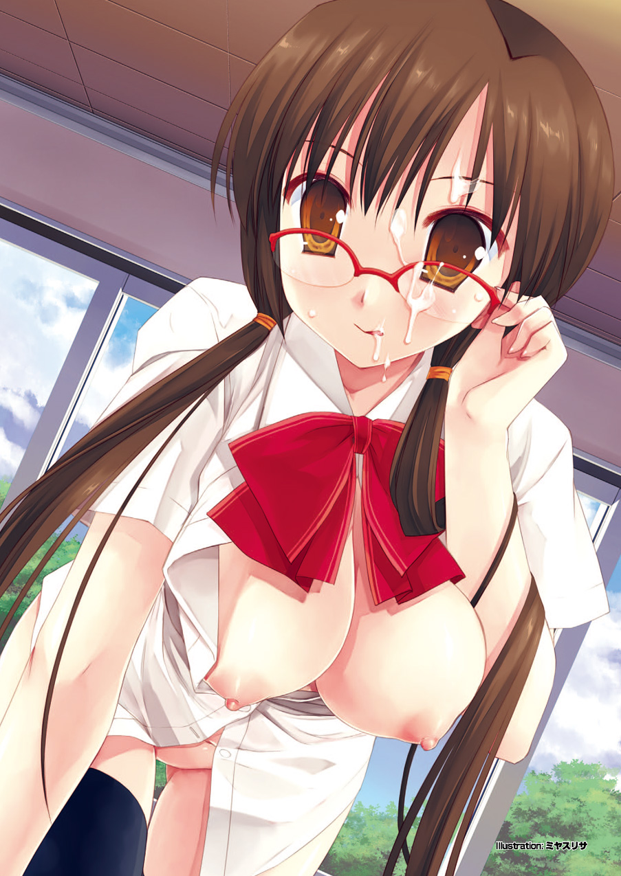 1girl adjusting_glasses areolae artist_request bottomless breasts breasts_outside classroom cum facial glasses hanging_breasts large_breasts nipples original puffy_nipples school_uniform solo thighhighs tongue twintails