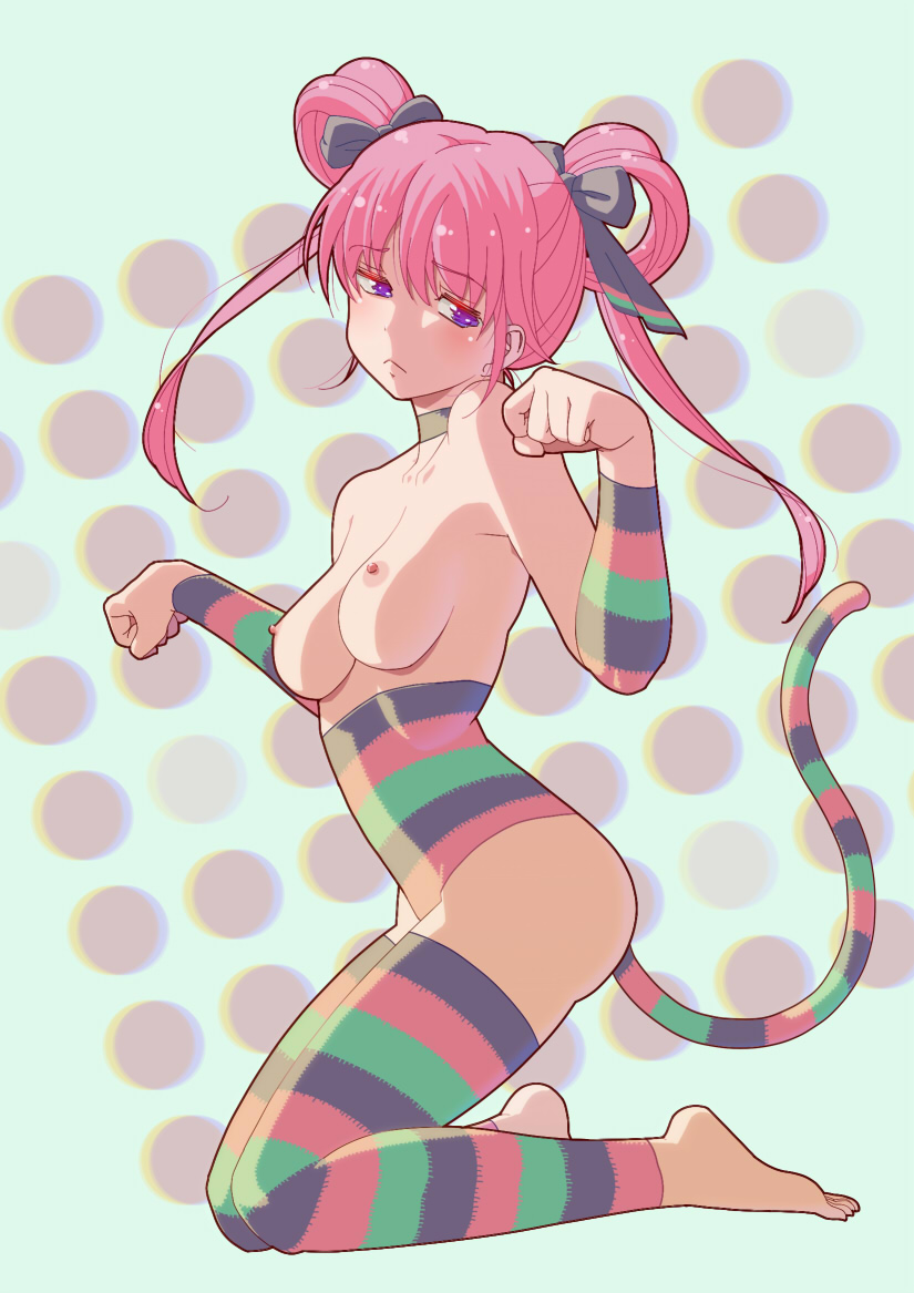 bare_shoulders barefoot breasts breasts_outside choker collarbone frown full_body grey_background hair_ribbon kneeling leotard looking_away looking_down medium_breasts multicolored multicolored_clothes multicolored_legwear multicolored_tail nipples original ozumozu paw_pose pink_hair purple_eyes ribbon short_hair simple_background solo striped tail toes twintails vertical_stripes